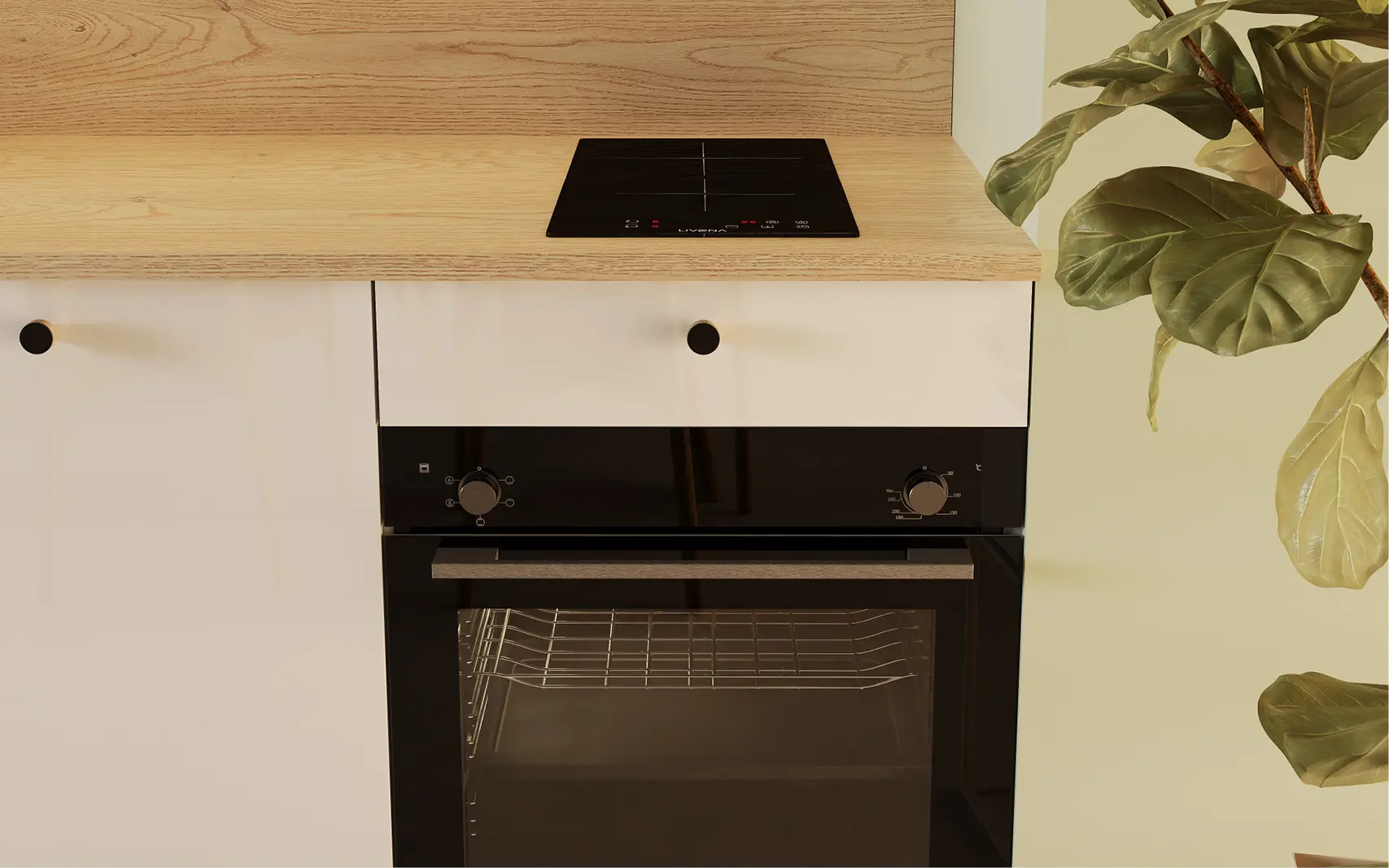 Detailansicht einer modernen Einbauküche: schwarzer Backofen mit Glastür unter heller Holzarbeitsplatte, darüber Induktionskochfeld; weiße Fronten mit runden Griffknöpfen, rechts Grünpflanze.